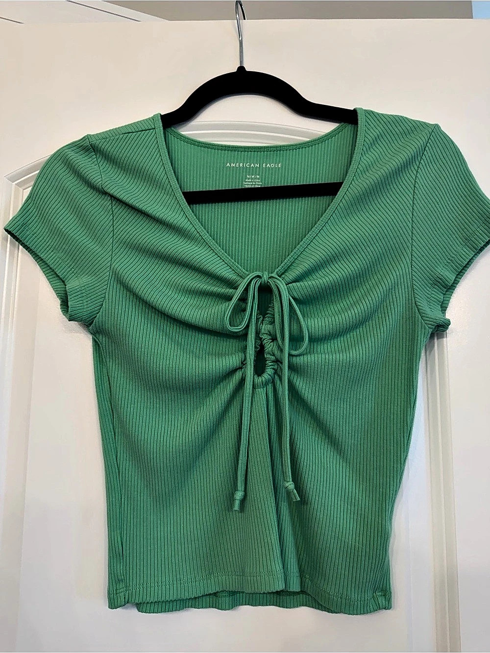 American Eagle Short-Sleeve Ribbed Tie-Front Top Green
